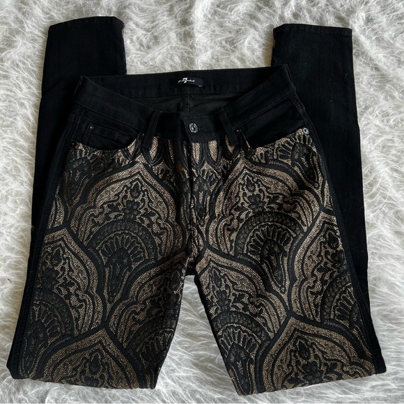 7 for All Mankind Jeans Nouveau Black Gold Metallic Brocade Skinny 26 Party Chic - Picture 10 of 14